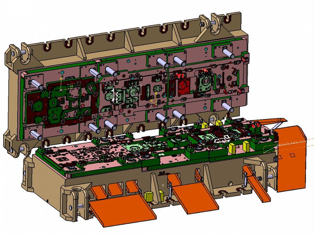 3D-CAD-Modell eines komplexen Folgeverbundwerkzeugs zur stufenweisen Umformung von Blechteilen