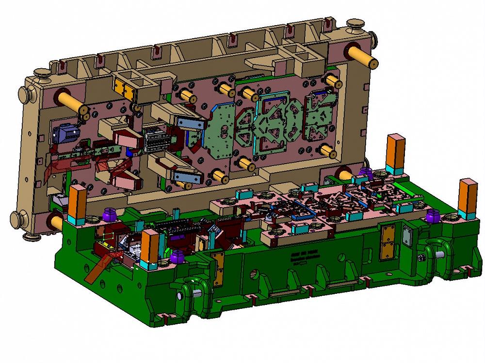 Detailreiches 3D-CAD-Modell eines Folgeverbundwerkzeugs f&uuml;r die stufenweise Blechumformung